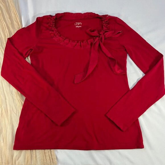 Ann Taylor Loft Women's Red Ruffled Boatneck Bow Top Size S - Picture 12 of 13